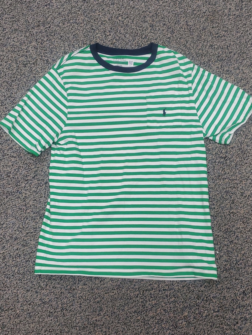 Polo by Ralph Lauren Green & White Stripe Crew Neck Tee with Navy Trim